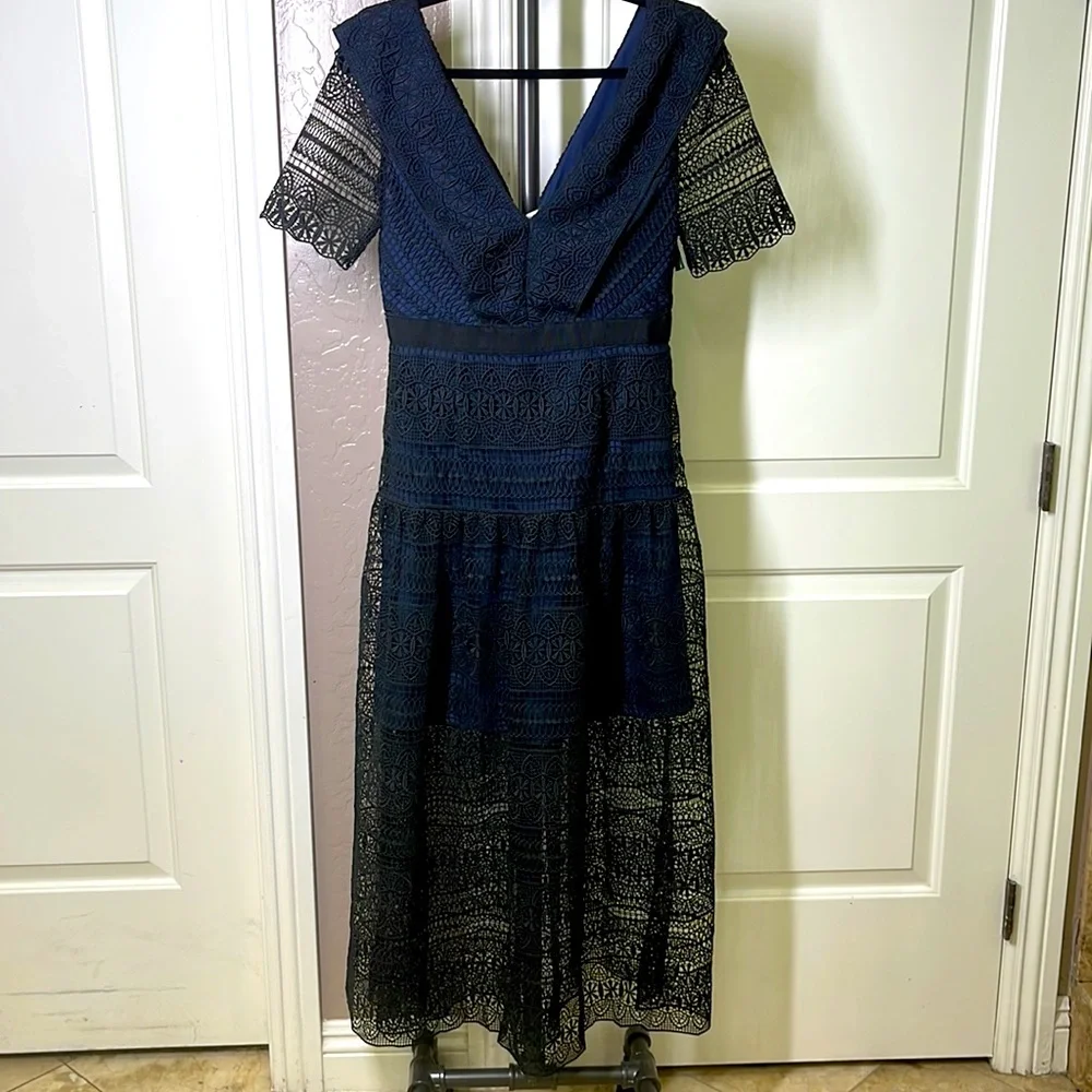 Self Portrait Spiral Panel Lace Midi Dress Navy Blue US Size 6 NEW - Picture 4 of 13